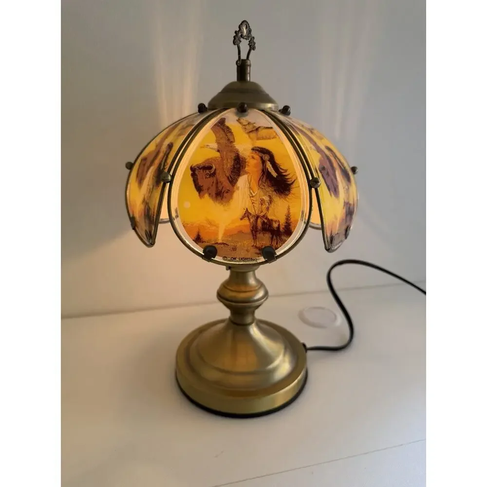 Vtg OK Lighting Touch Lamp Native American Wolf Deer Indigenous 3 Settings WORKS